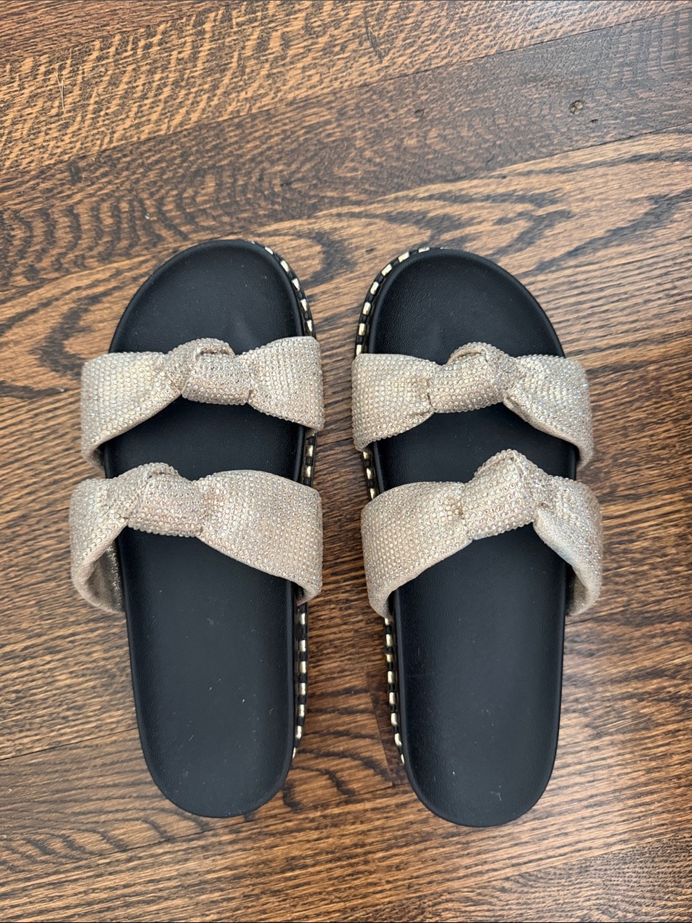 Jessica Simpson Carolyn Sparkly Knot Double-Strap Slide Sandals in Champagne